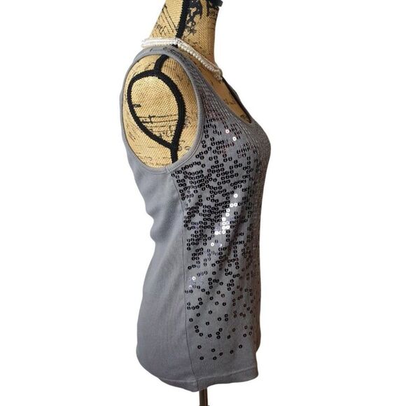 Apostrophe Womens Sequin Tank Top L/G Gray Y2K Embellished Glam Chic Club - Picture 3 of 6